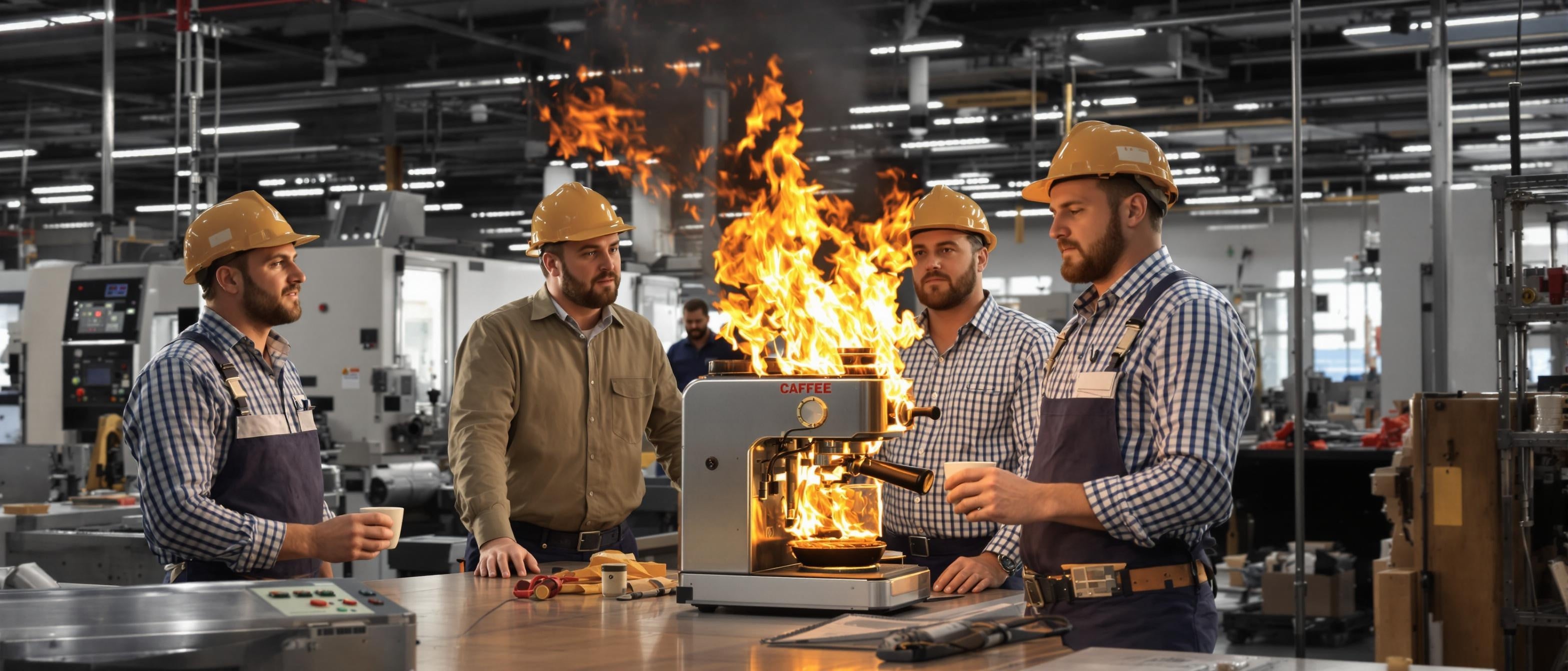 Eine Gruppe von vier Männern mit Schutzhelmen und Arbeitskleidung steht in einer modernen Werkshalle um eine Kaffeemaschine, aus der große Flammen schlagen. Auf dem Tisch vor ihnen liegen verschiedene Werkzeuge und Tassen. Der Hintergrund zeigt industrielle Maschinen und fertigungstechnische Anlagen.