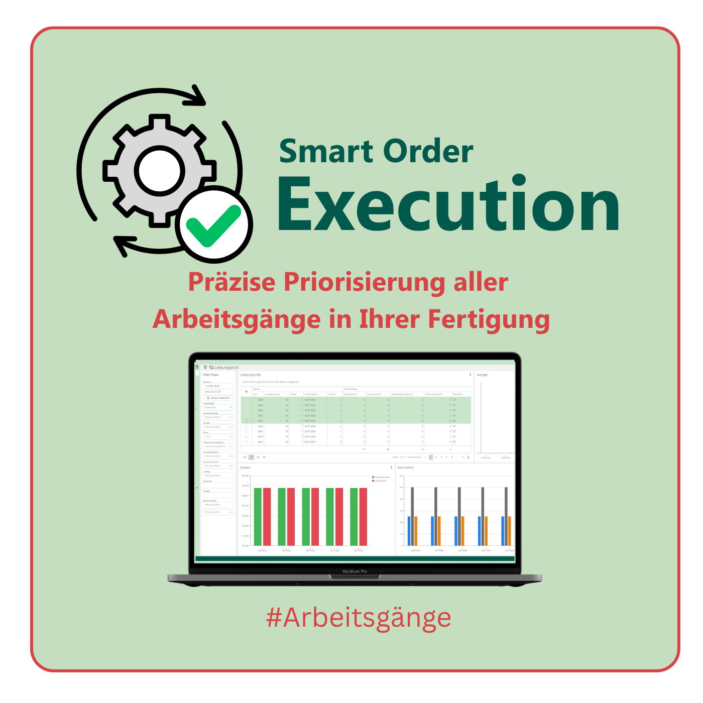 Produktbanner für Smart Order Execution auf hellgrünem Hintergrund: Links oben ein Software-Logo . Darunter ein Display und ein Hinweis für die Arbeitsgänge
