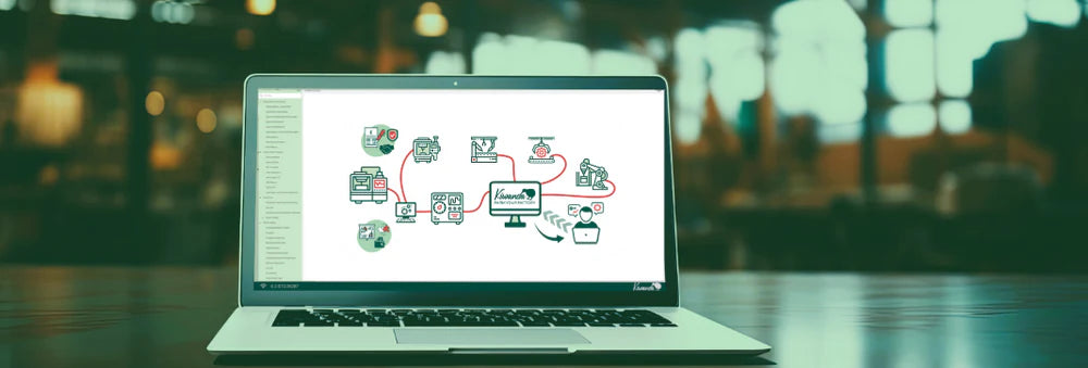 Laptop steht auf einem Schreibtisch. Auf dem Laptop ist die Kiwanda-Software zu sehen.