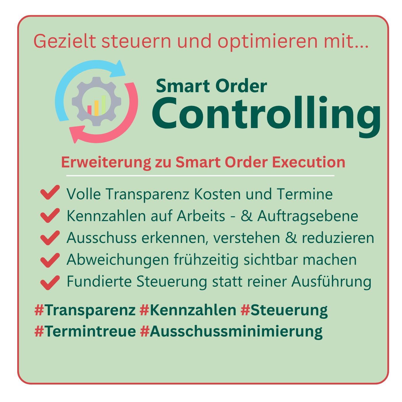 Bundle: Smart Order Execution & Smart Order Controlling: Produktbanner für Smart Order Controlling  auf hellgrünem Hintergrund: Symbolische Darstellung von Auswertungs- und Analysefunktionen mit Balkendiagrammen, Kennzahlen-Dashboards und Fortschrittsanzeigen zur Überwachung von Fertigungskosten, Ausschuss und Produktivität.